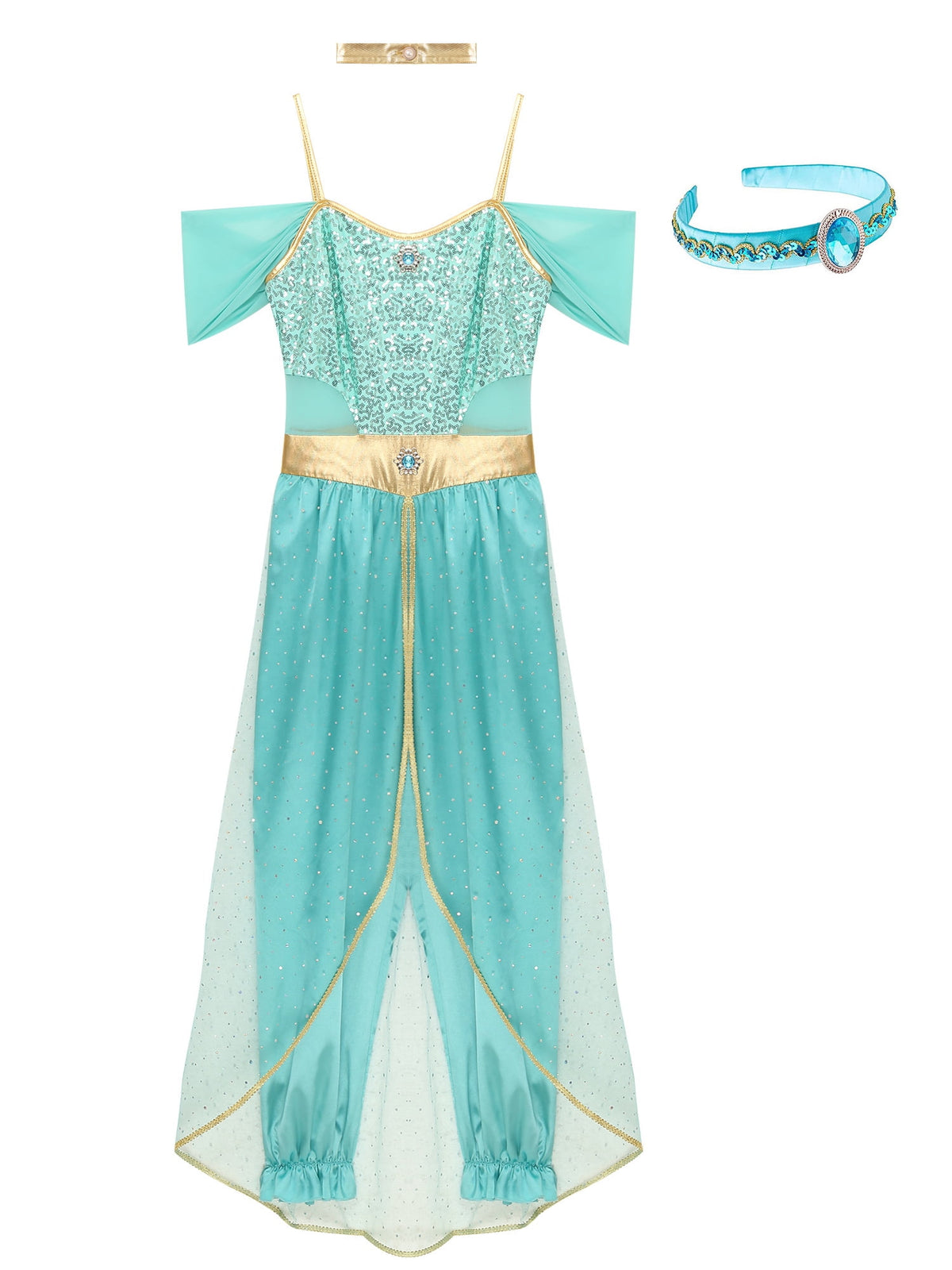 YiZYiF Women's Arabian Princess Dance Costume Halloween Party Fancy Dress Shiny Belly Dance Jumpsuit Turquoise B 4XL