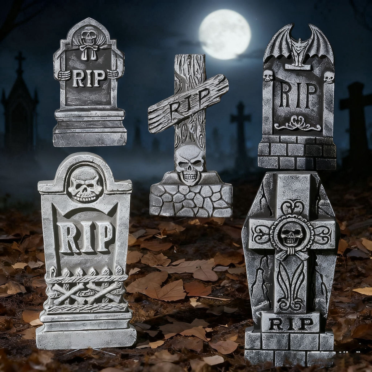 Joyfy 17" Halloween 5 Pack Tombstone Decorations, Foam RIP Graveyard Signs Cemetery Headstones Scary Outdoor Indoor Halloween Decor with 12 Metal Stakes for Easy Set Up, Waterproof for Garden Lawn
