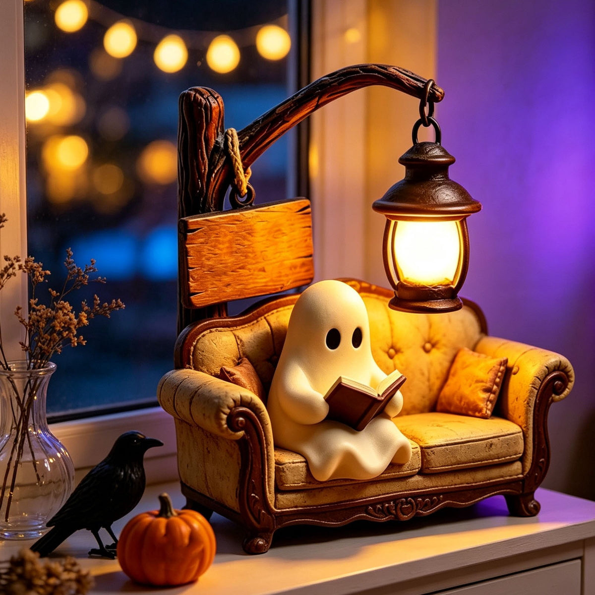 Outdoor Safe Halloween Ghost Figurine With Pumpkin Candy Bowl, Front Porch and Yard Statue, Indoor Outdoor Decorative Ghost for Treats and Decor