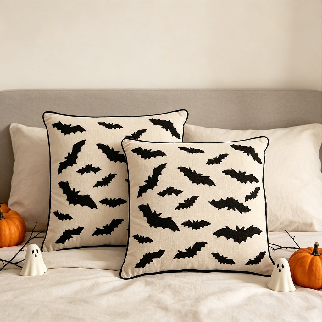 Yeciiwht Halloween Throw Pillow Cover – 18*18inch Embroidered Linen Cushion Case with Ghost, Mummy & Bat Designs, Invisible Zipper, Machine Washable