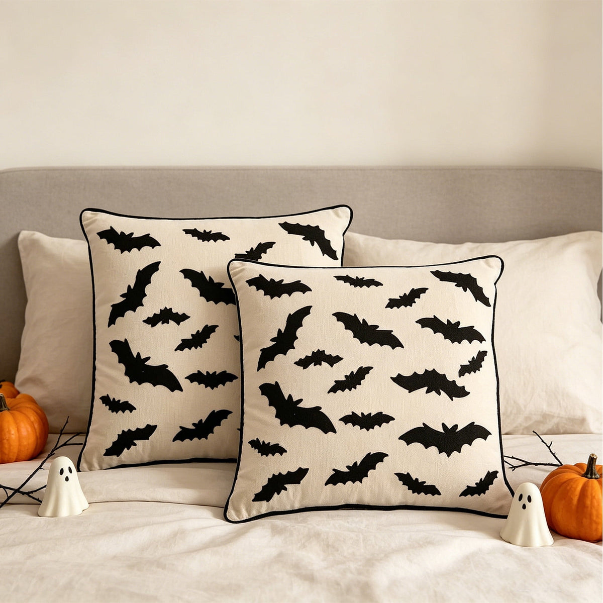 Yeciiwht Halloween Throw Pillow Cover – 18*18inch Embroidered Linen Cushion Case with Ghost, Mummy & Bat Designs, Invisible Zipper, Machine Washable