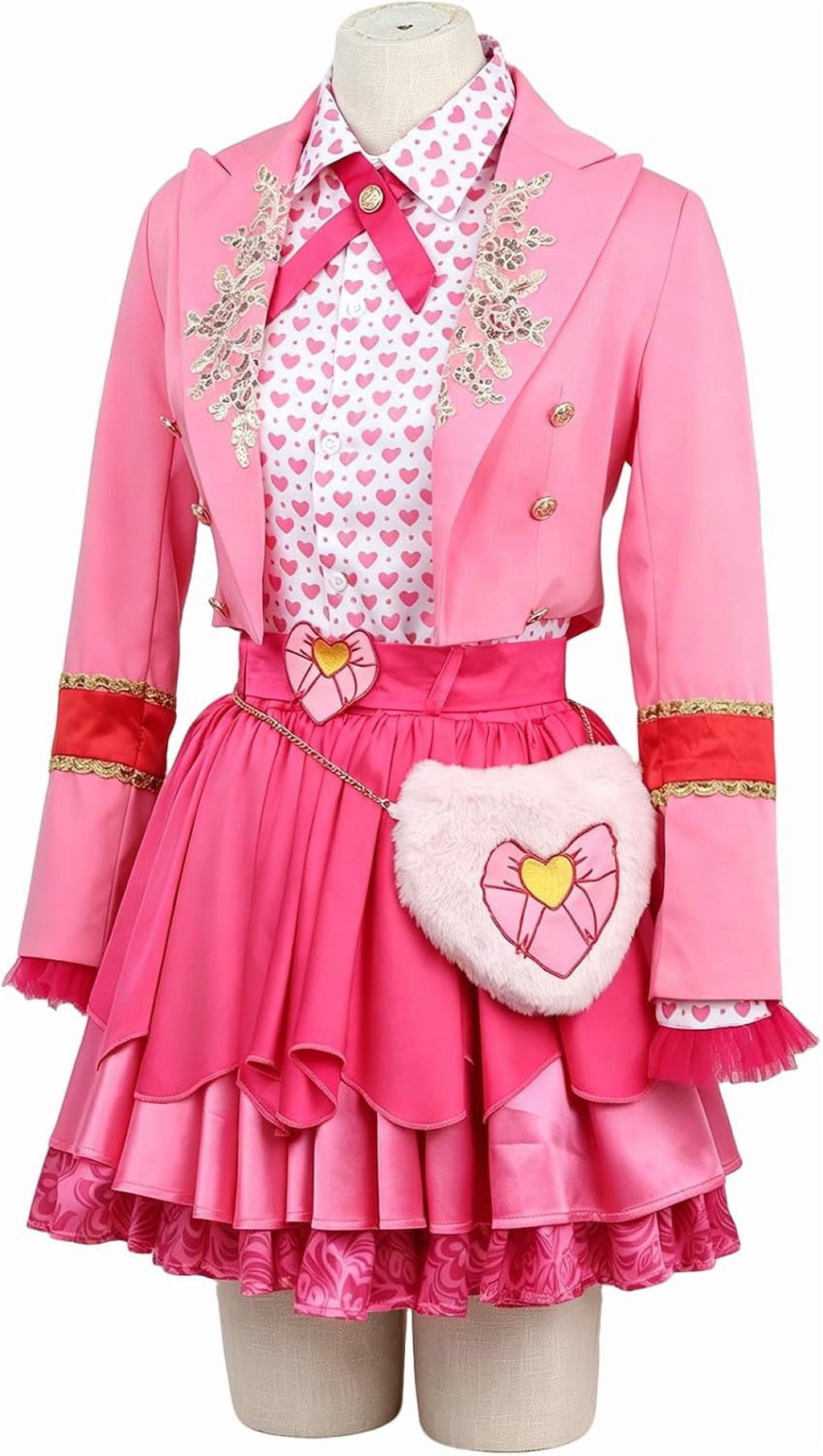 Satmonnus Women's Pink Princess Costume Set, Adult Halloween Cosplay Outfit with Heart Print Jacket, Layered Skirt & Fuzzy Bag, Fancy Dress Up for Themed Parties