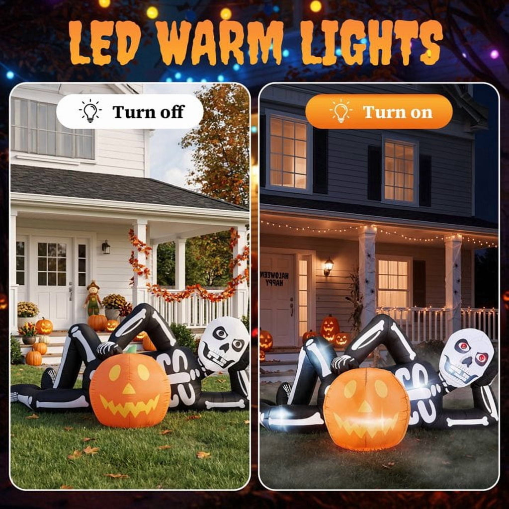 Ktaxon 7' Halloween Inflatables Skeleton Outdoor Halloween Decoration Reclining Skeleton with Pumpkin,Built-In LED Lights