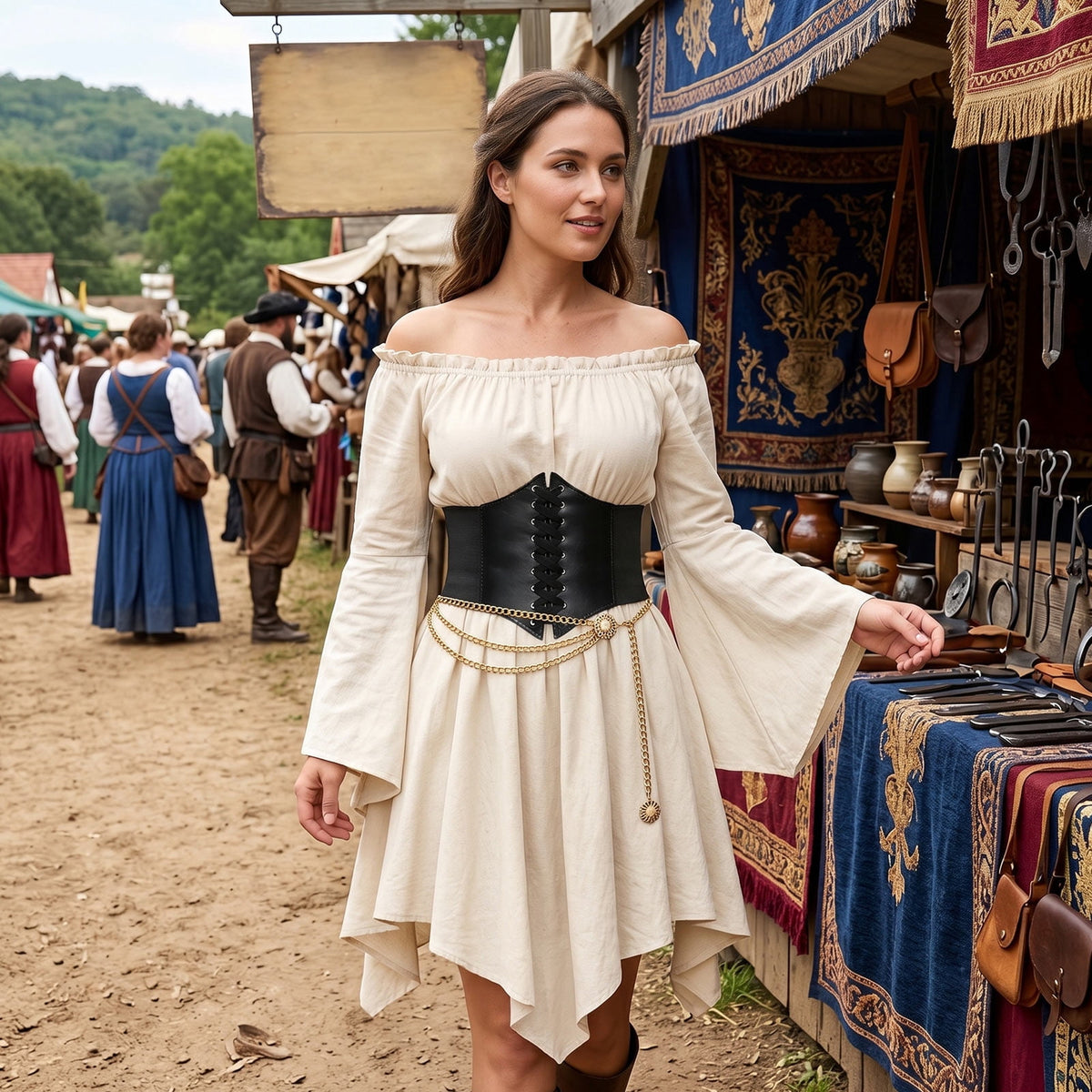 Alaiyaky Renaissance Costume Women Pirate Costume Adult Renaissance Medieval Outfit Off Shoulder Bell Sleeve Fairy Dress for Halloween Cosplay and Themed Parties