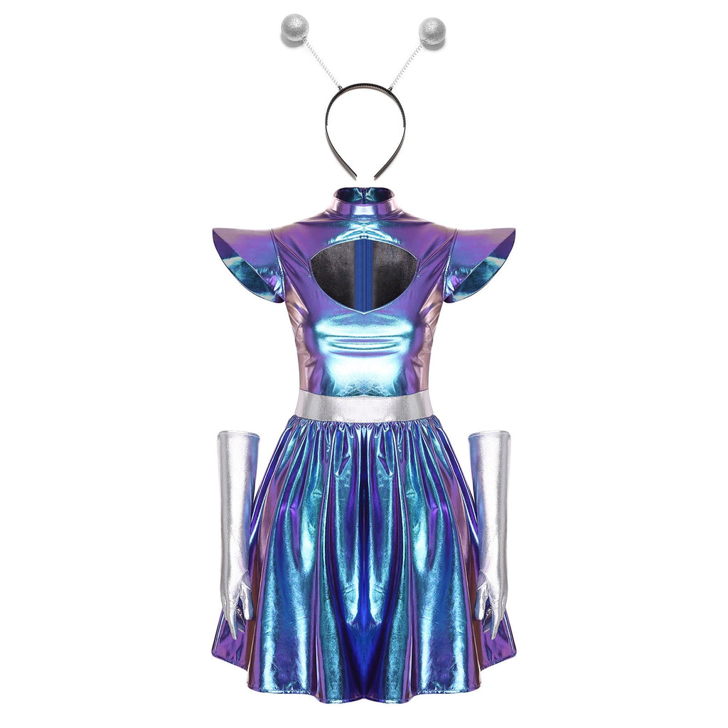Aislor Womens Outer Space Alien Dress with Gloves Headband Halloween Space Cadet Rave Outfit Blue 3XL