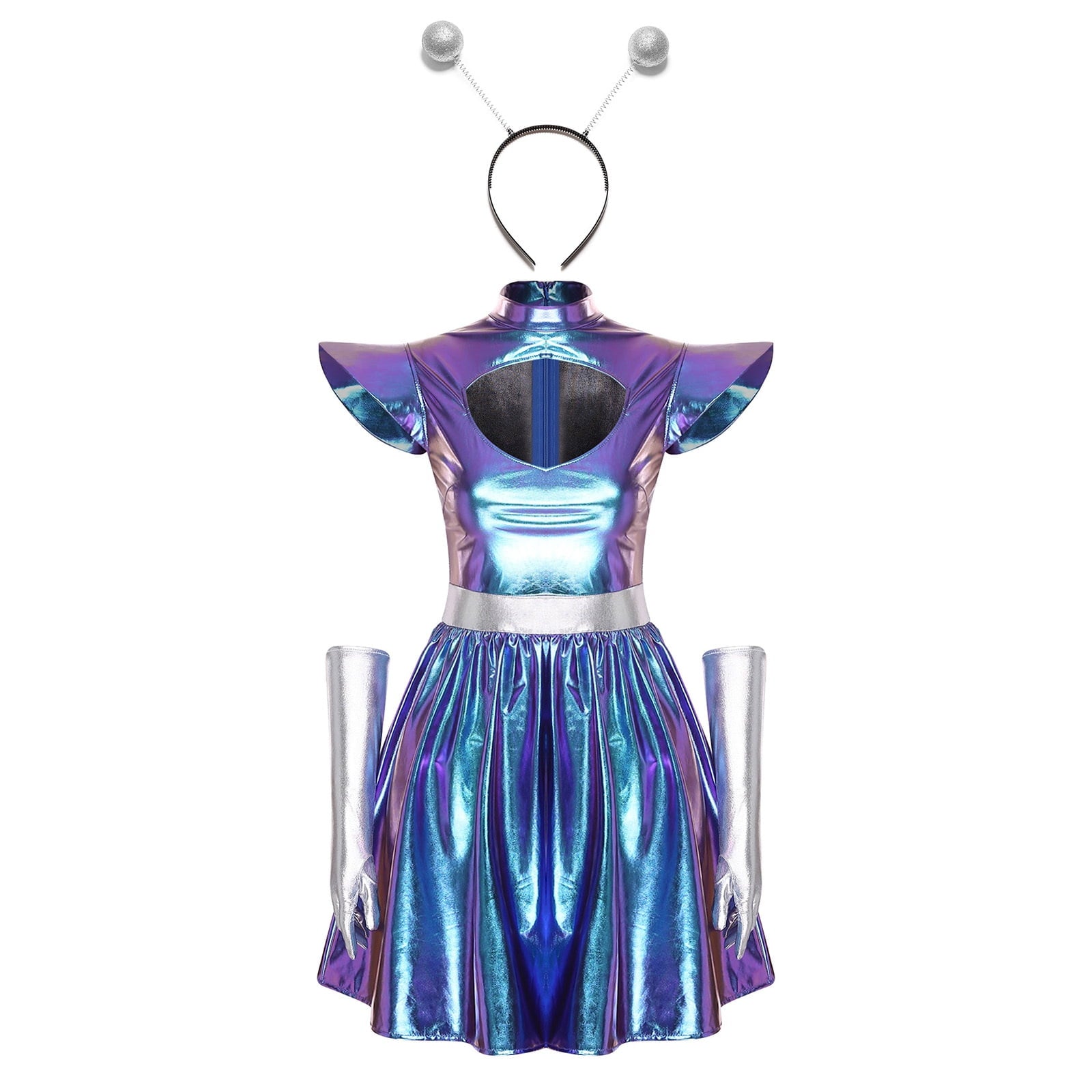 Aislor Womens Outer Space Alien Dress with Gloves Headband Halloween Space Cadet Rave Outfit Blue 3XL