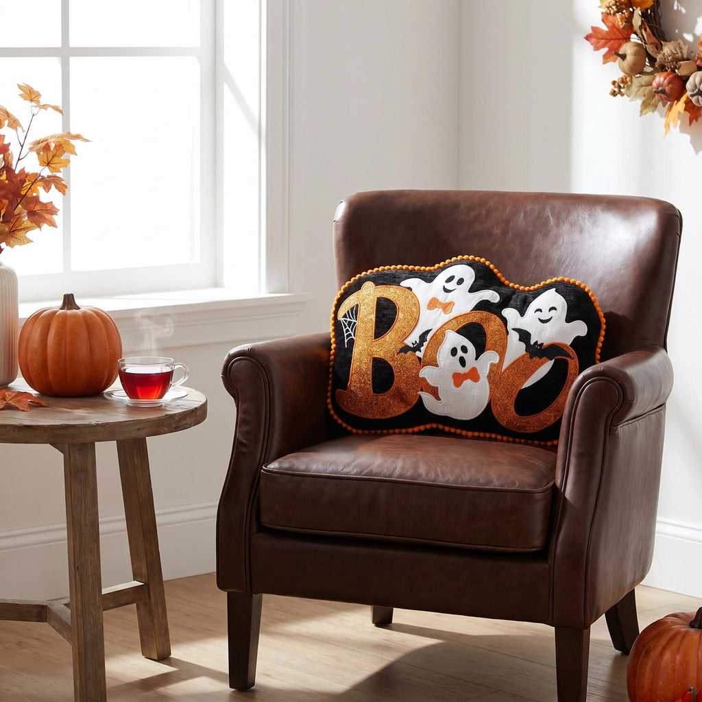Halloween Ghost Reading Book Throw Pillow Cover, Spooky Library Bookshelf Skull Candlestick Decorative Pillowcase, Retro Halloween Cushion Cover