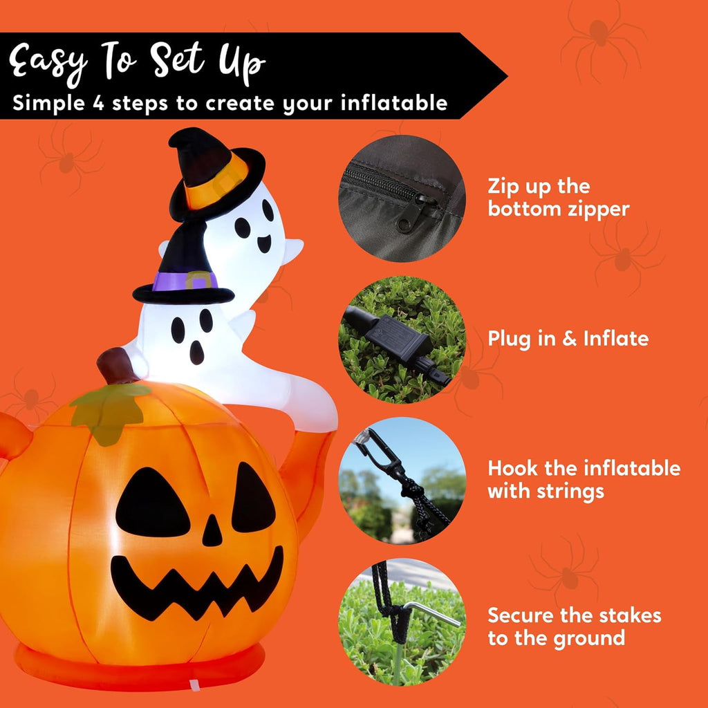 Joyfy 5ft Halloween Inflatables Light up Cute Ghost,Blow Up Ghost Lift Pumpkin Candy Bag with Build-in LEDs for Yard Decorations