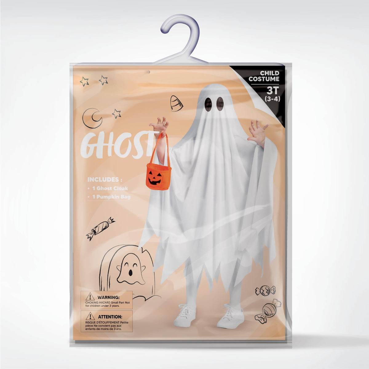 Joyfy Kids Ghost Costume, Halloween Ghost Costume, White Silent Ghost Costume with Pumpkin Bag for Toddler Boys Girls Halloween Party Dress Up Cosplay