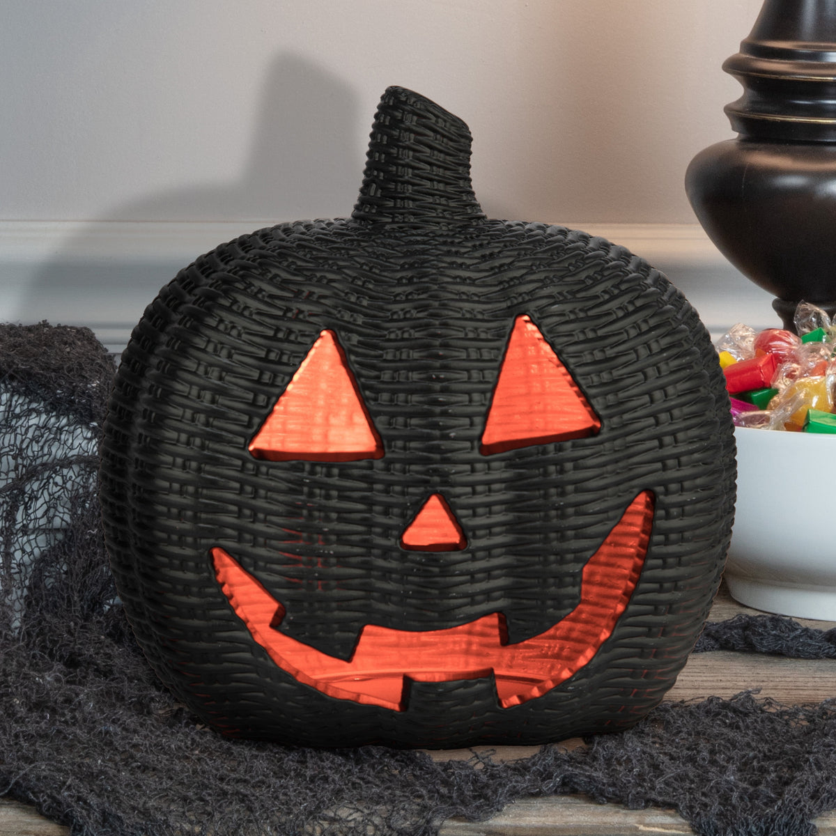 Light-Up Woven Jack-o'-Lantern Decoration, Black, 8.6", Halloween by Way To Celebrate