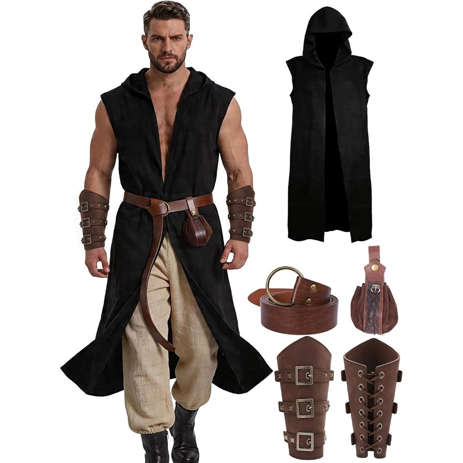 Men's Medieval Vintage Viking 5-Piece Cosplay Costume Set Sleeveless Hooded Cape Belt and Bracers for Halloween