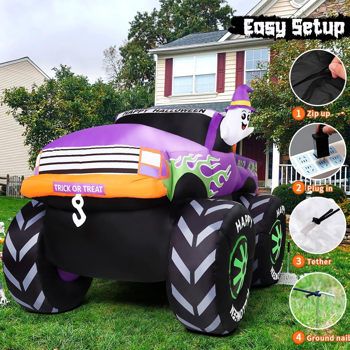GOOSH Halloween Inflatables 8 FT Inflatable Monster Truck with Built-in LEDs, Halloween Inflatable Truck with Blow Up Ghost Pumpkin, Outdoor Halloween Decorations for Holiday Party Indoor Outdoor
