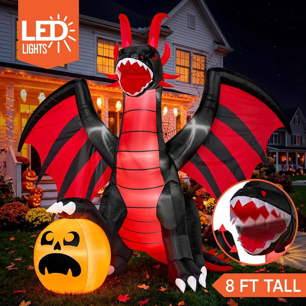 Joyfy 8 ft Halloween Inflatable Fire Dragon with Pumpkin,Animated Moving Mouth & Internal LED Lights,Blow Up Yard Decor Outdoor Lawn Garden Indoor Porch Patio Spooky Halloween Decoration