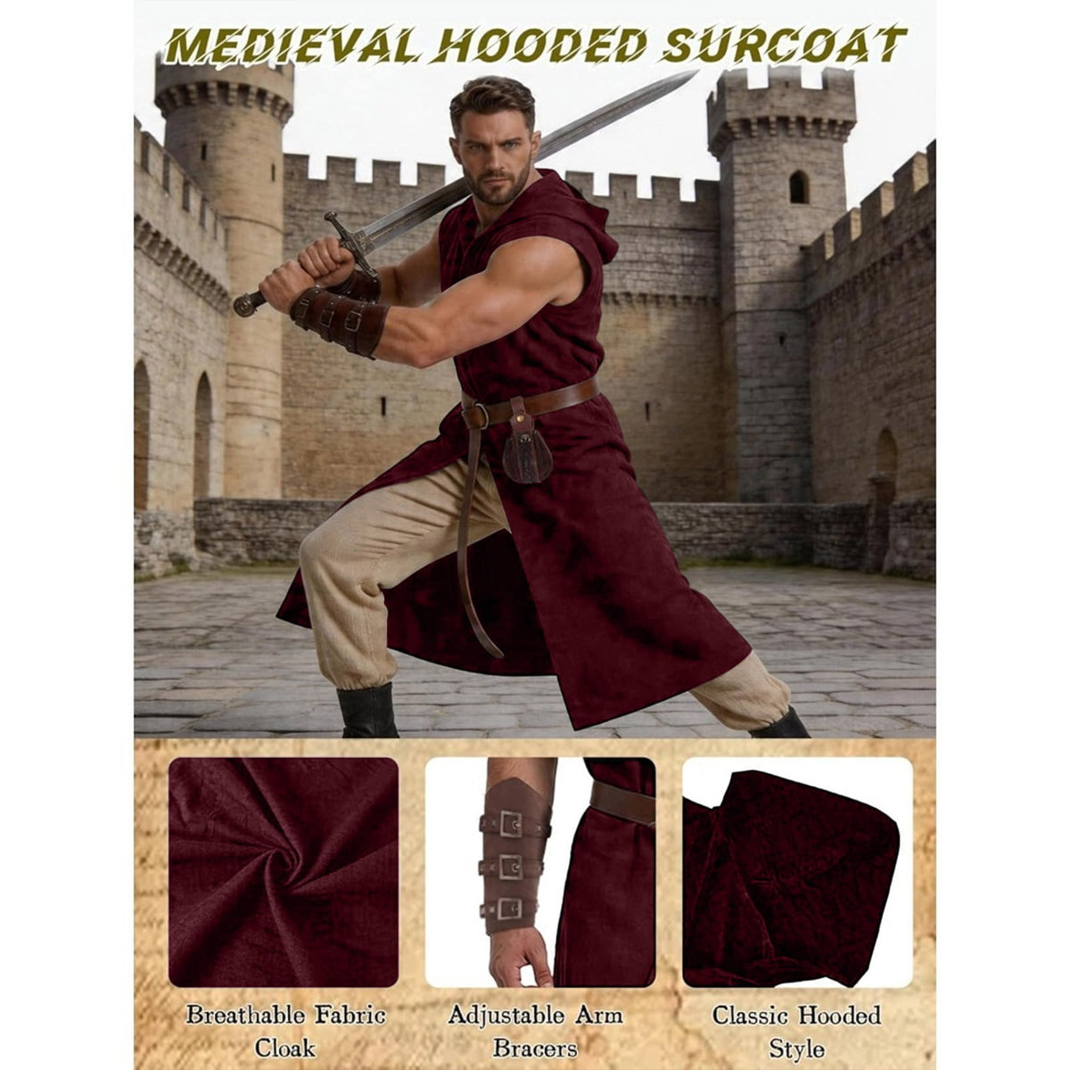 Men's Medieval Vintage Viking 5-Piece Cosplay Costume Set Sleeveless Hooded Cape Belt and Bracers for Halloween