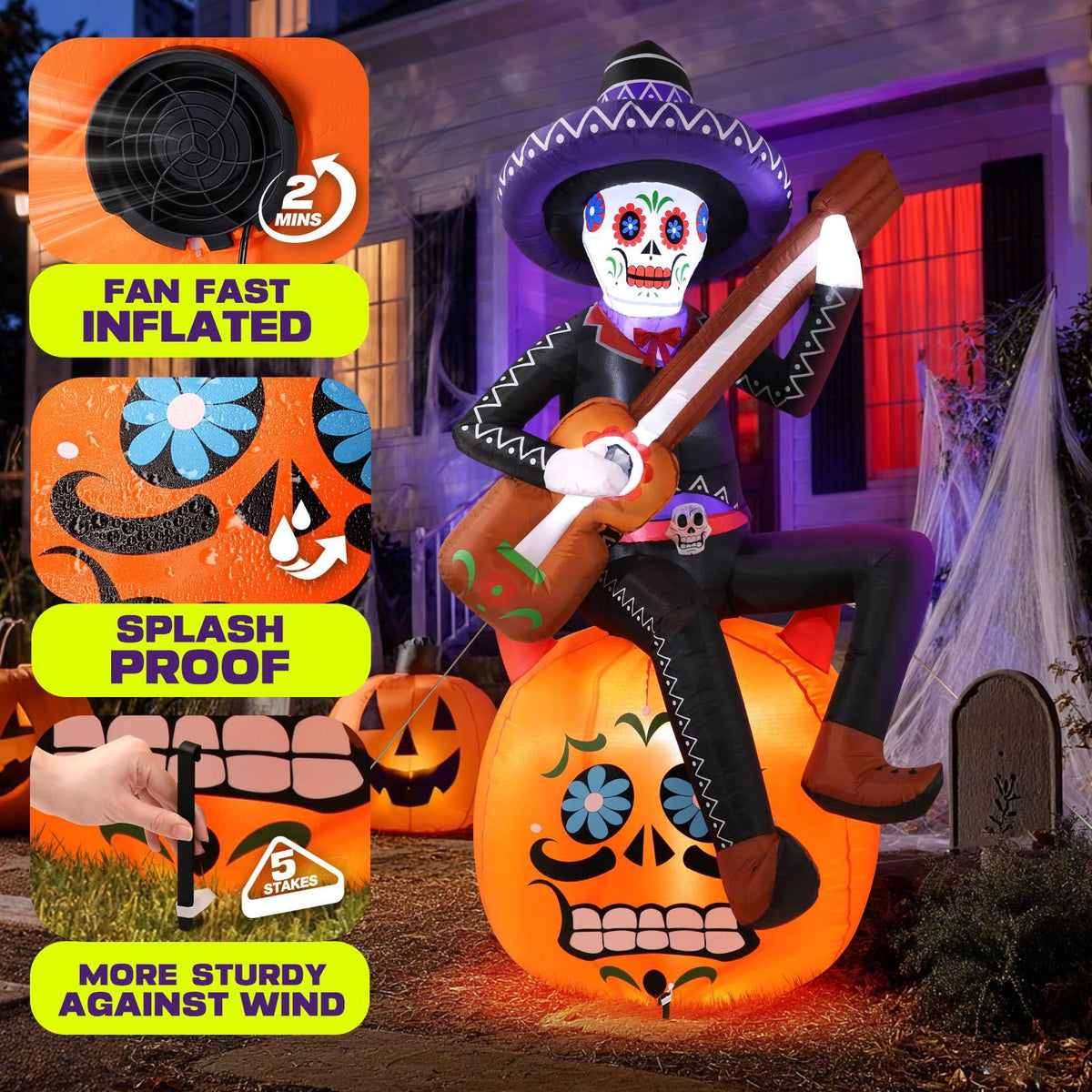 Ayieyill 6FT Halloween Inflatable Outdoor Decoration, Day of the Dead Skull with Guitar, Blow Up Yard Decor