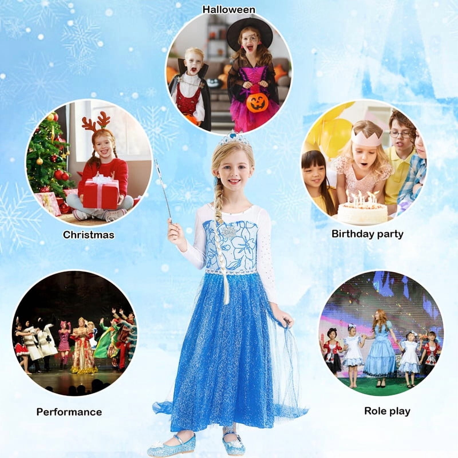 Jurebecia Princess Dress for Girls Birthday Party Blue Costume up Toddlers Kids Christmas Halloween Cosplay Clothes with Accessories 6T(5-6Years)
