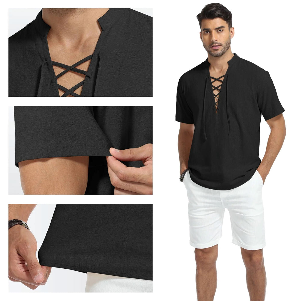 HAOMEILI Men's Cotton Linen Lace-Up V-Neck Short Sleeve Shirt