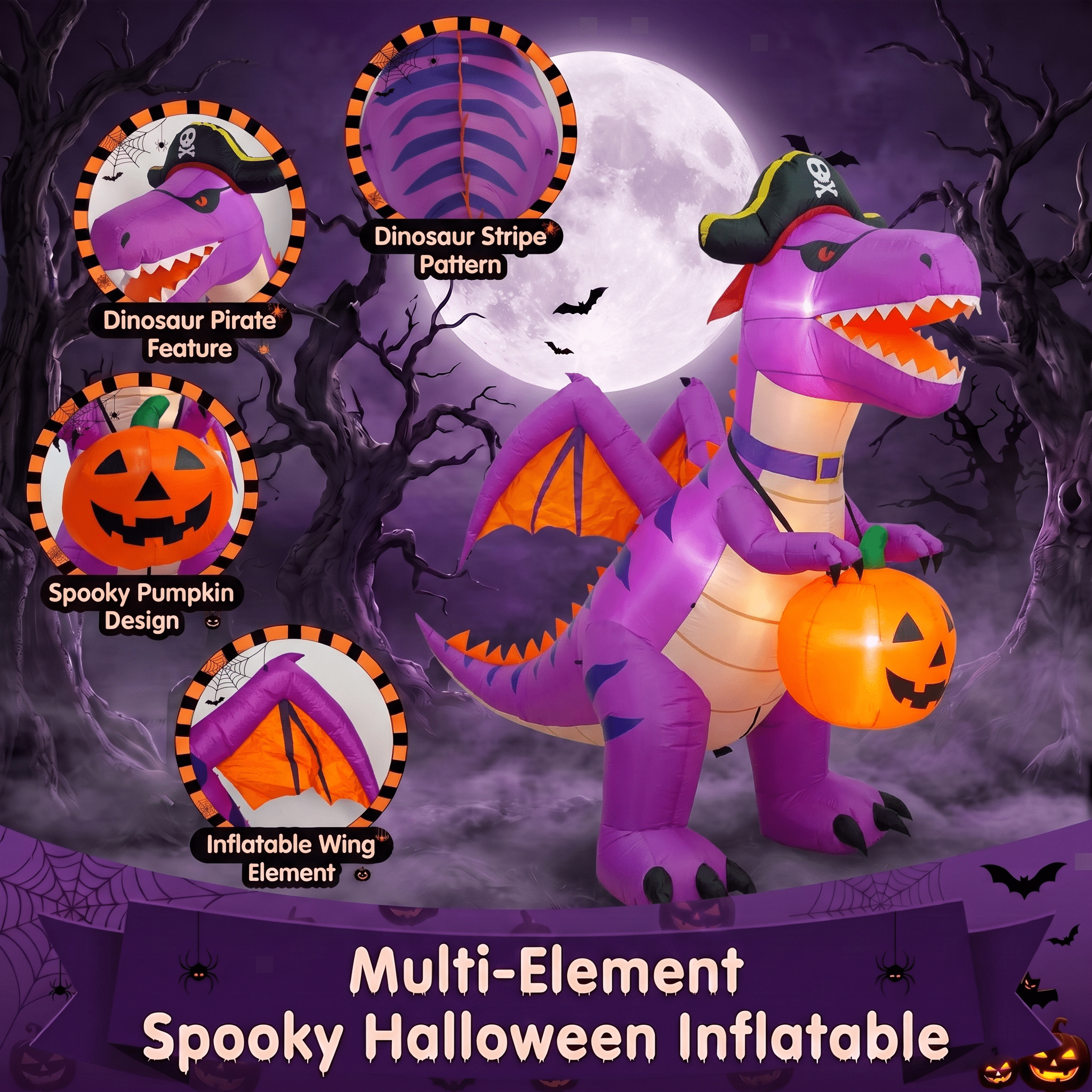Glazina 8.2 FT Halloween Inflatable Purple Pirate Dinosaur with Pumpkin, Built-In LED Lights, Outdoor Halloween Blow Up Yard Decoration
