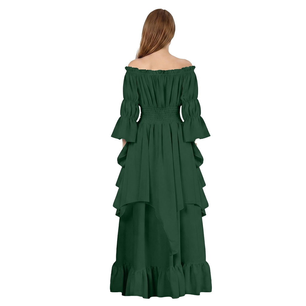 IROOZIGOTO Womens White Medieval Renaissance Maxi Dress Off Shoulder Long Flare Sleeve with Brown Lace Up Corset Belt Halloween Cosplay Costume