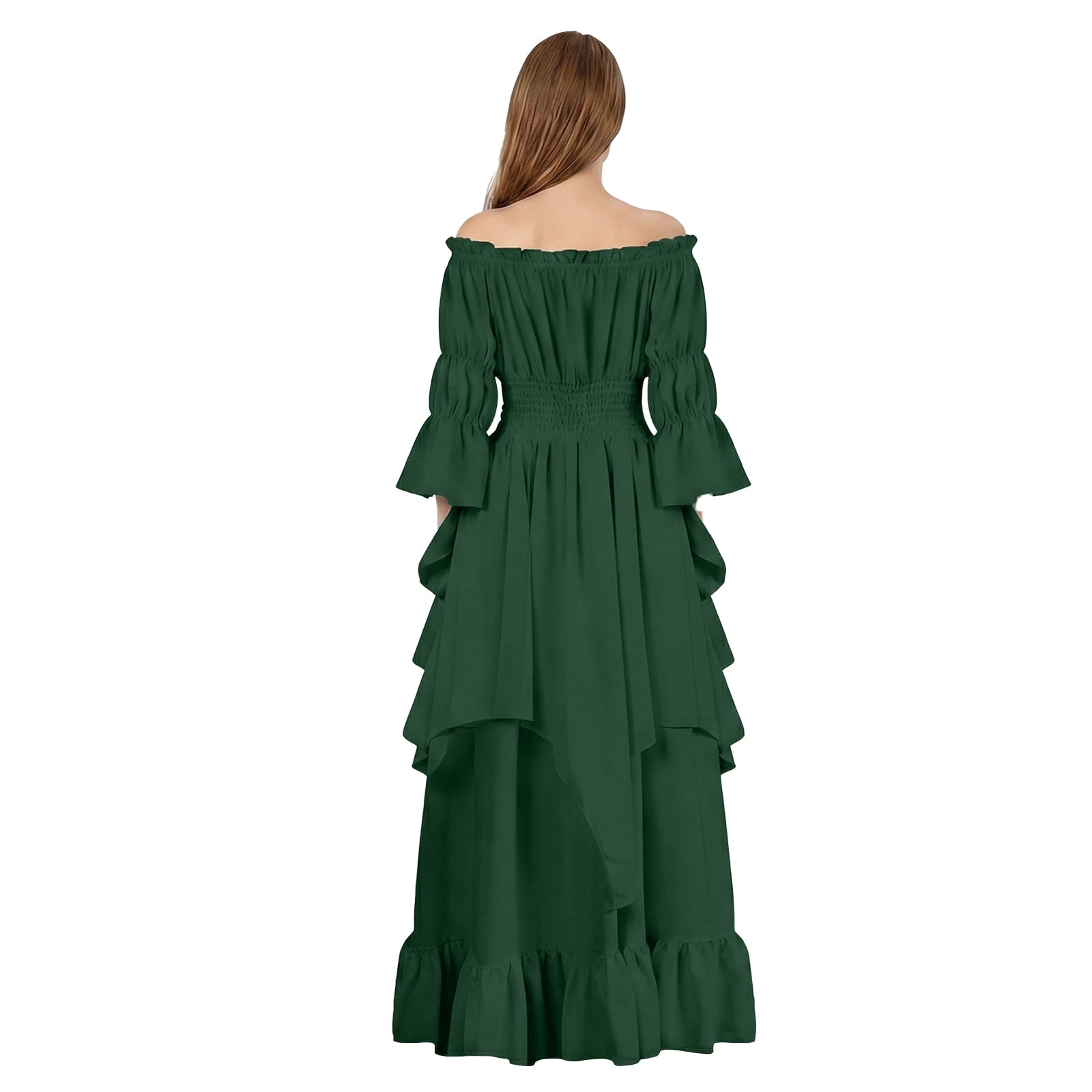 IROOZIGOTO Womens White Medieval Renaissance Maxi Dress Off Shoulder Long Flare Sleeve with Brown Lace Up Corset Belt Halloween Cosplay Costume