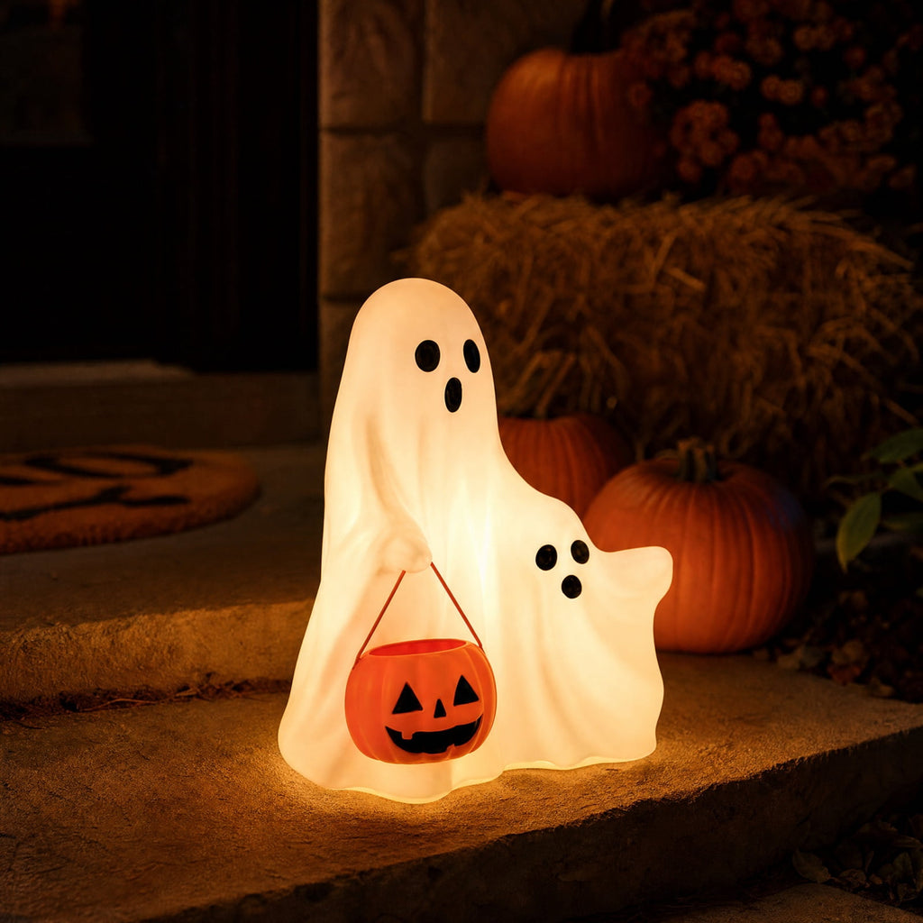 Trick or Treat Ghost Statue, Lighted Halloween Ghost Figurine with Pumpkin Candy Bucket, Blow Mold LED Decoration for Fall Porch Tabletop Home Decor