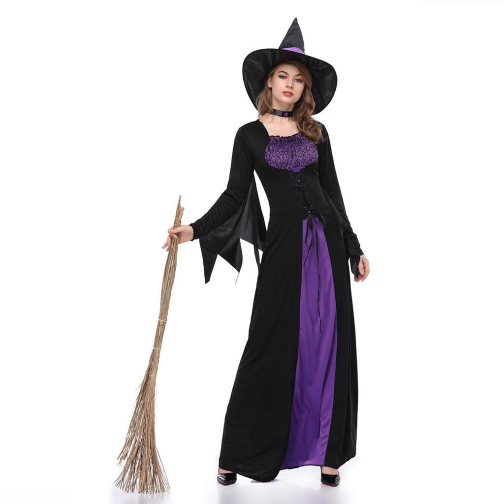 Halloween Witch Costume Women, Classic Retro Witch Costumes for Women Halloween Fancy Dress Witch Dress Purple L