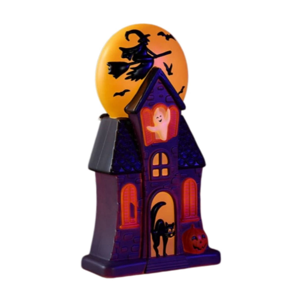Halloween Haunted House Blow Mold Light, Resin Pre-Lit Spooky Mansion with Glowing Witch Moon, Ghost & Black Cat, Vintage Spooky House Lamp for Indoor Tabletop Outdoor Garden Decor