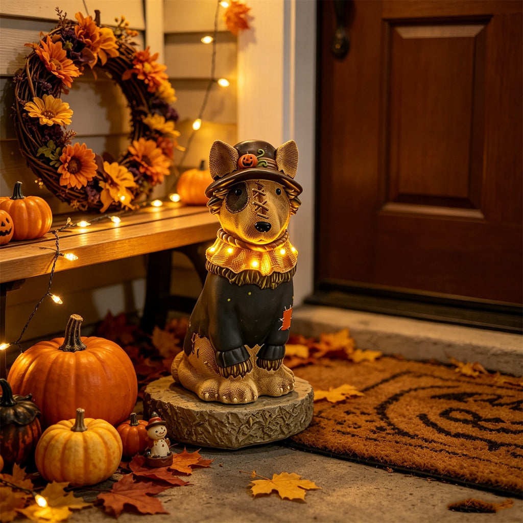 Lighted Scarecrow Bull Terrier Halloween Blow Mold, Cute Puppy Pumpkin Hat Halloween Decor, Resin Ornament for Patio Yard Tabletop Home Decoration, 8"