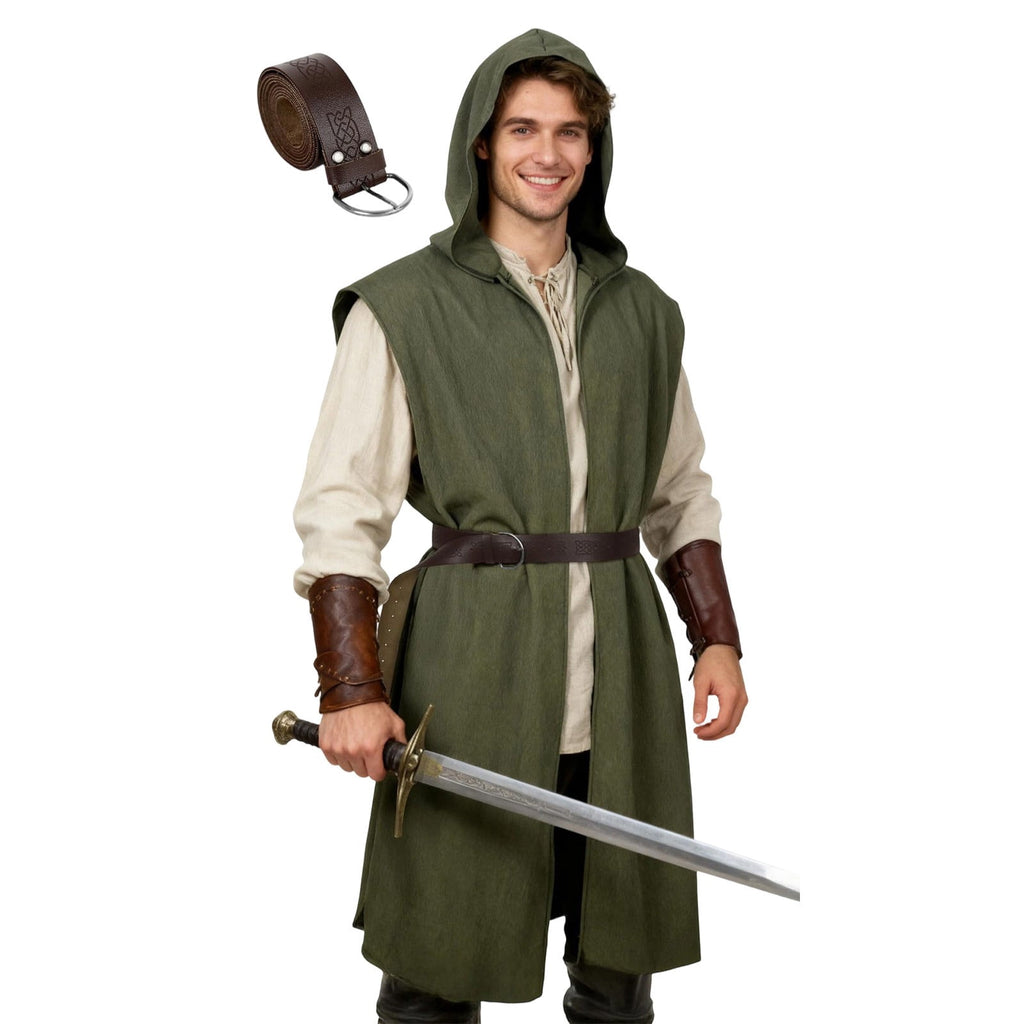 Virmaxy Halloween Costume Men's Hooded Sleeveless Tunic Costume with Belt Halloween Loose Fit Renaissance Medieval Party Cosplay Fighter Outfit Army Green