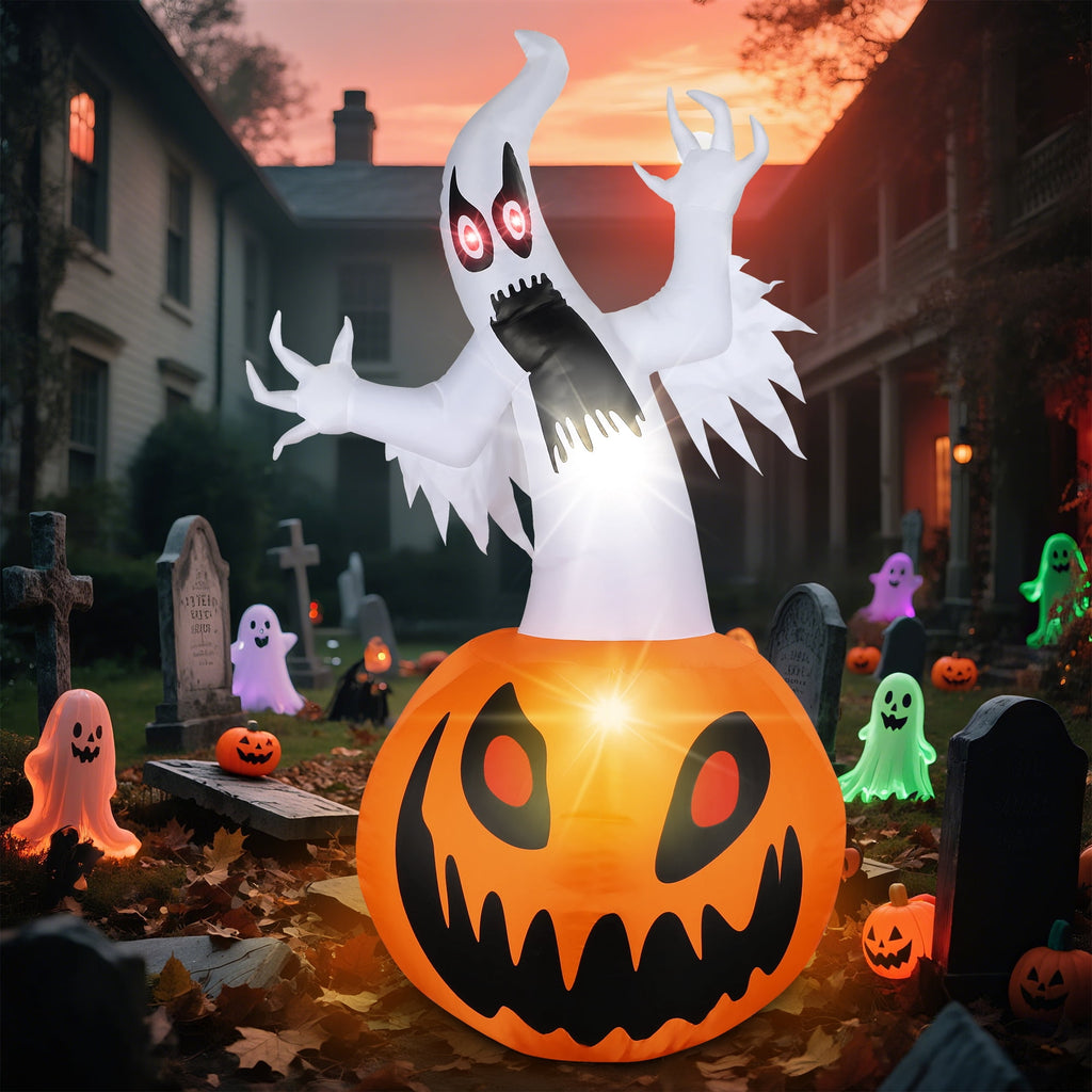 MAGOTAN 9 FT Halloween Inflatables Archway Outdoor Decorations Pumpkin Ghost Archway Halloween Inflatable Blow Up Pumpkin Tombstone Decoration Build-in LED Lights
