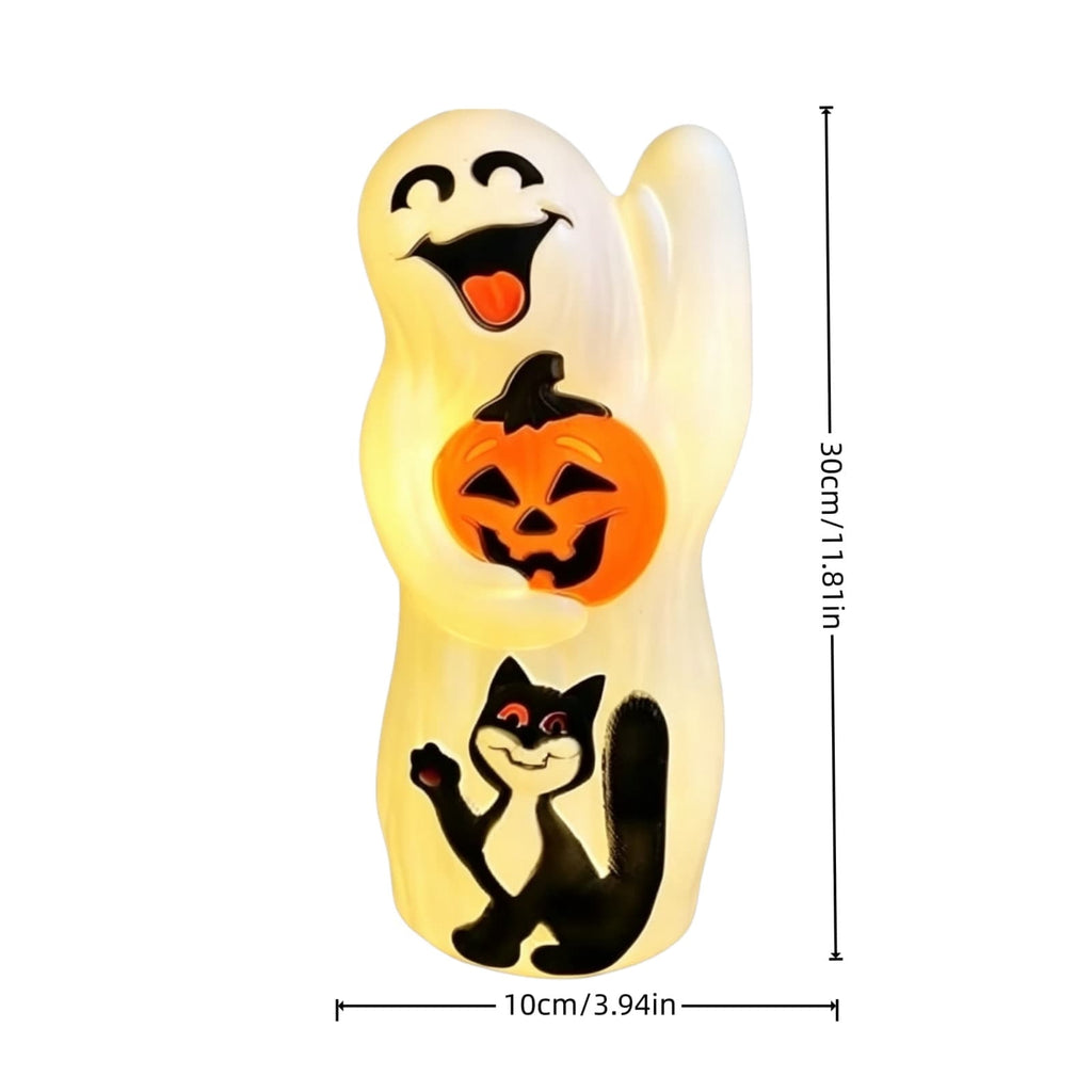 Halloween Lighted Vintage Patchwork Ghost, Blow Mold Ghost with Black Cat and Pumpkin LED Lamp, Festival Tabletop Decoration, Fall Home Decor and Table Ornament