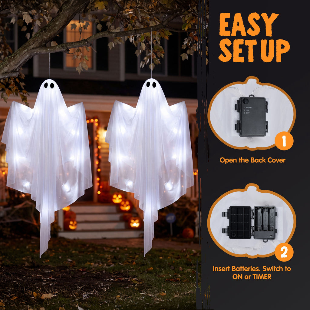 Joyfy 47" Halloween Hanging Light up Ghost Decorations Outdoor,White Ghosts with Blue LED Light and Timer Halloween Hanging Decoration Waterproof for Front Yard Patio Lawn