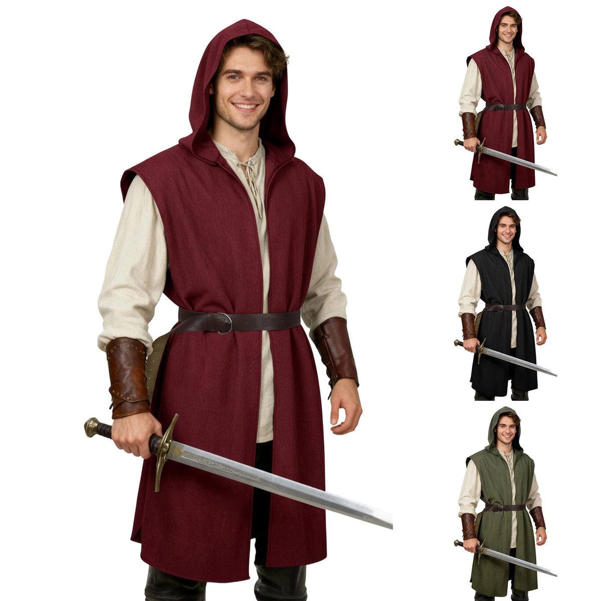 Virmaxy Halloween Costume Men's Hooded Sleeveless Tunic Costume with Belt Halloween Loose Fit Renaissance Medieval Party Cosplay Fighter Outfit Army Green