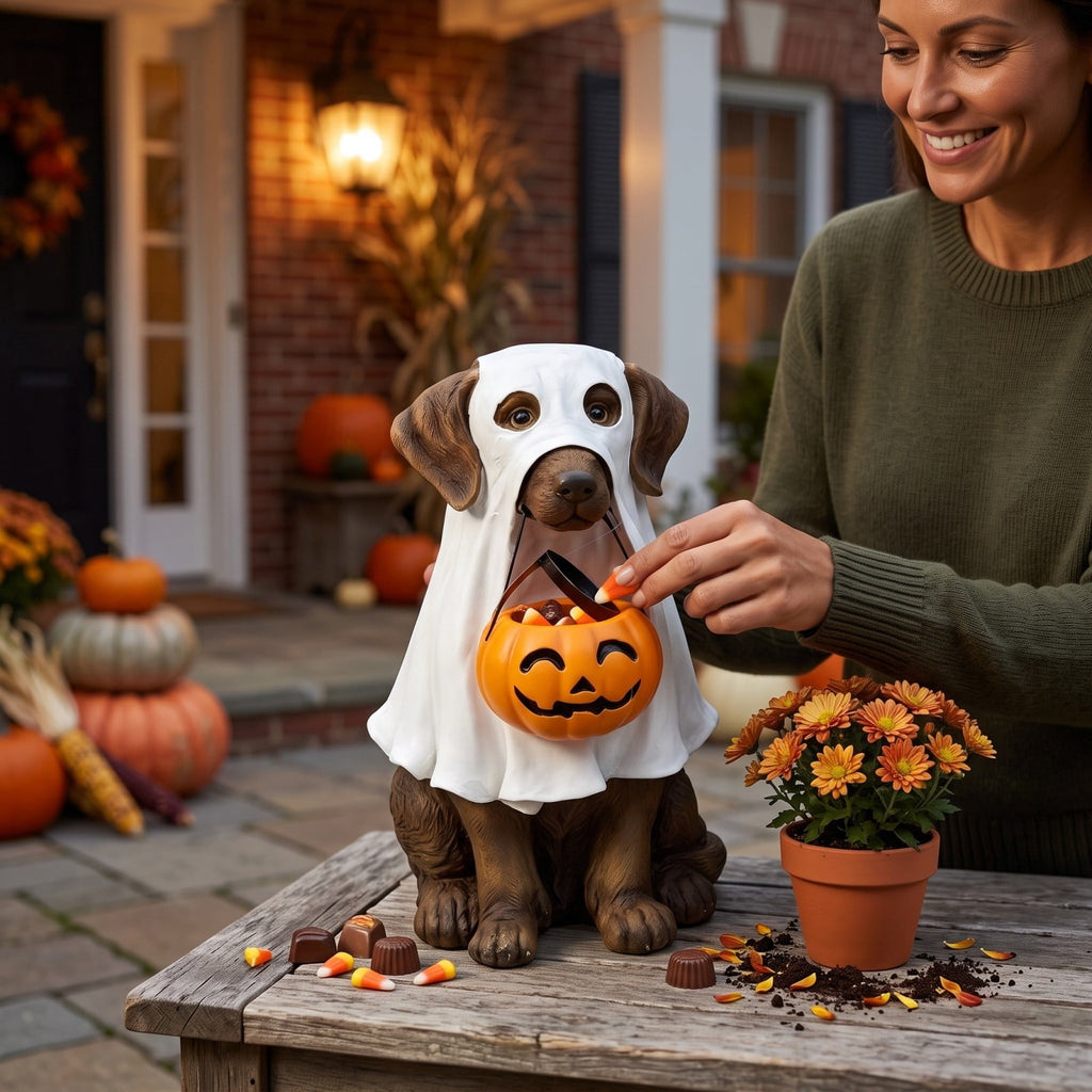 Halloween Dog Greeter - Frenchie 7.9in Resin Witch Dog with Light-Up Pumpkin, Spooky Fall Decor, Indoor Outdoor Tabletop Decoration