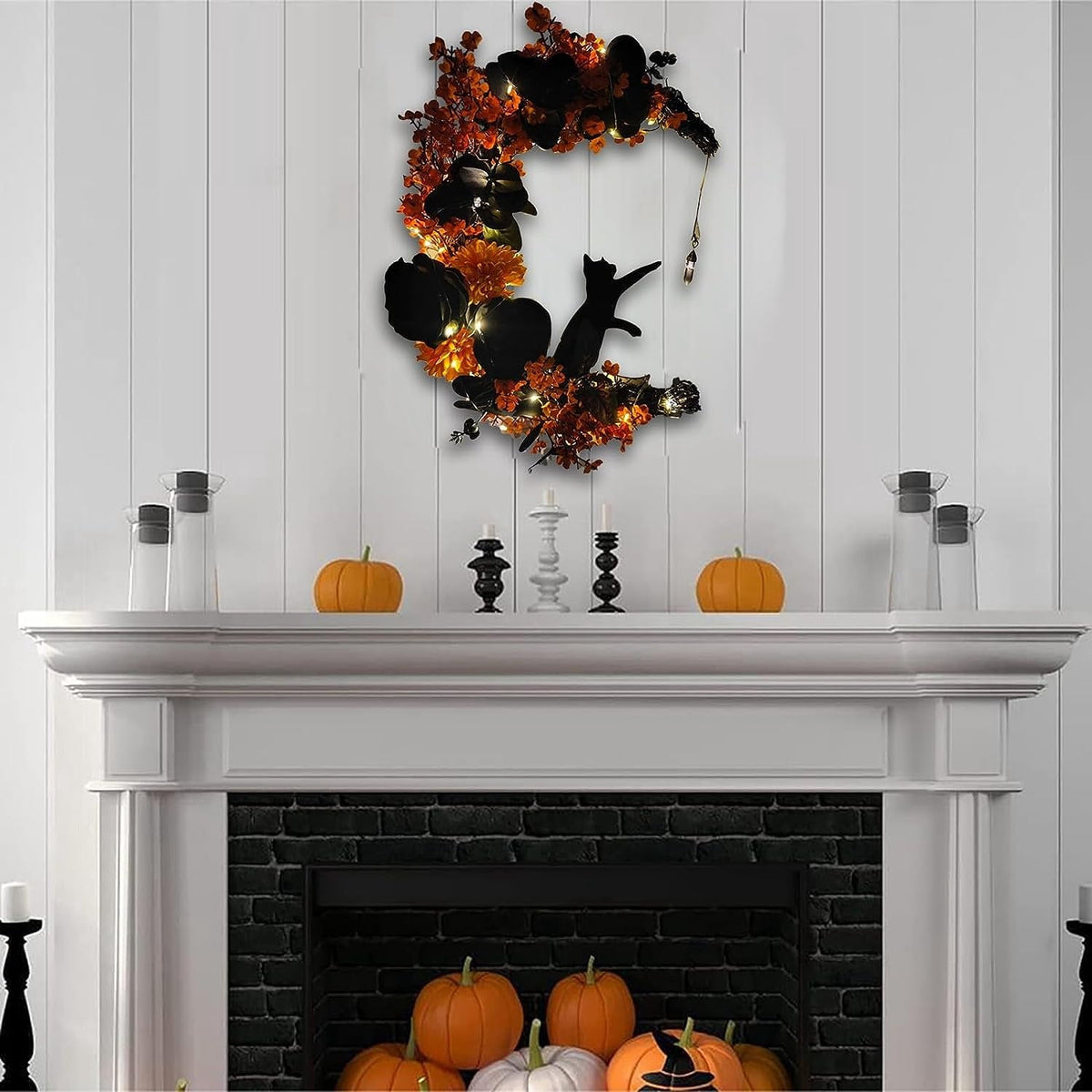 Wiher Halloween Wreaths with Lights for Front Door, 13.77" Halloween Moon Wreath with Black Cat Wood Wreath Halloween Wreath Horror Decorations for Home Party Window Wall Indoor Outdoor C