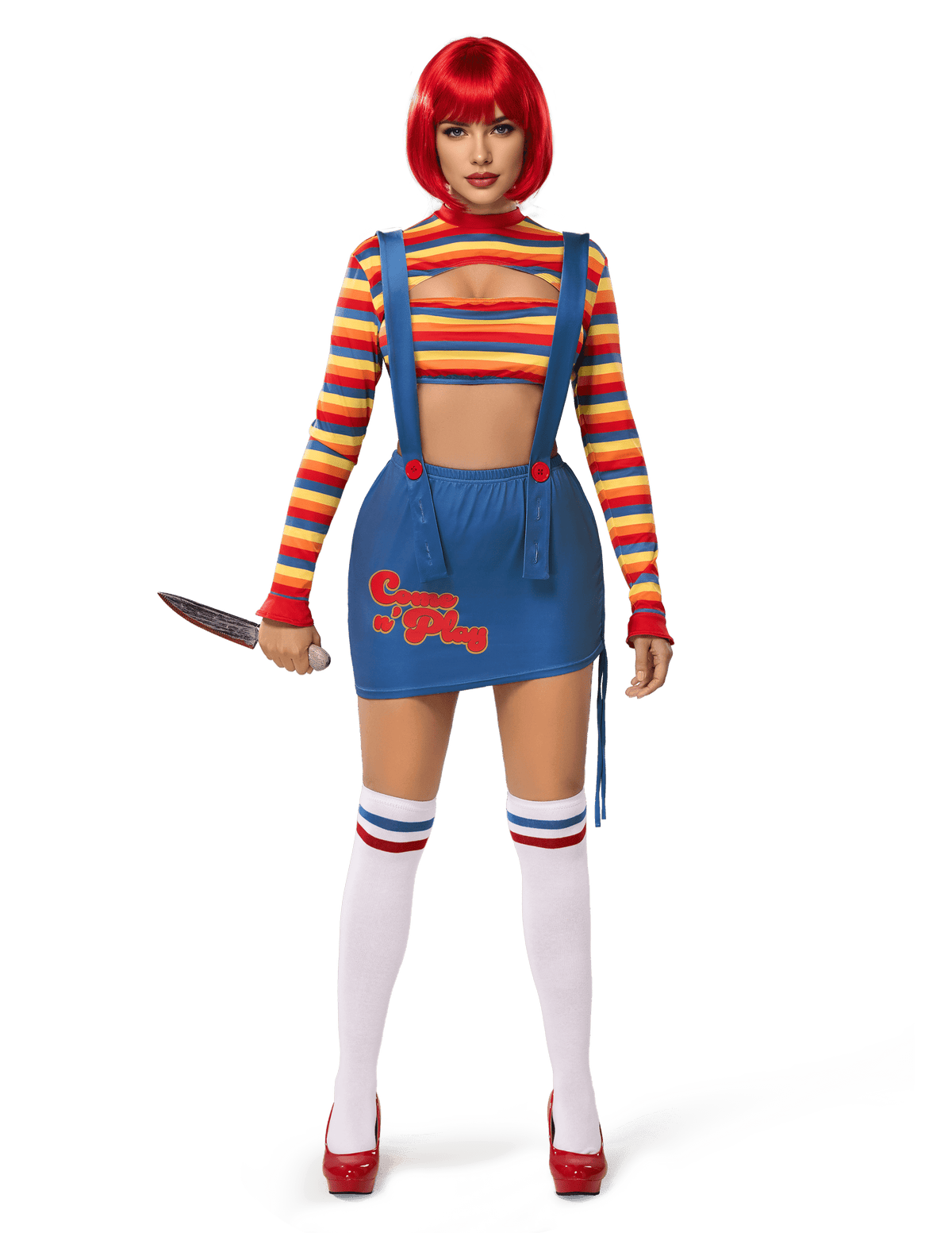 Joyfy Women Killer Doll Costume, Adult Creepy Doll Costume Scary Nightmare Killer Doll Dress for Halloween Costume Party Cosplay