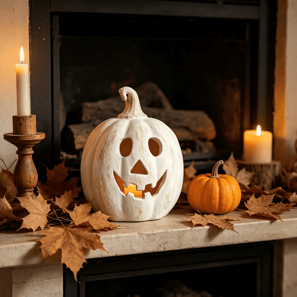 Fall Decor - Halloween Decorations - 5.9"H White Handmade Resin Pumpkin Jack O' Lantern with Flameless Candle - Outdoor Indoor Autumn Decoration for Table Centerpieces Porch Room Front Door