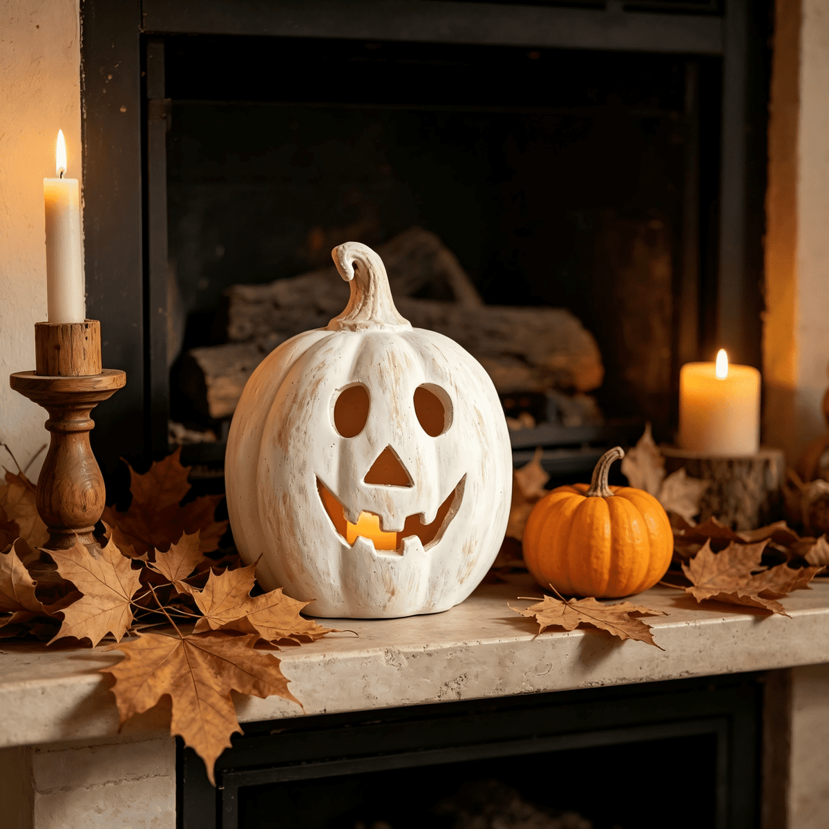 Fall Decorations for Home - Halloween Decor Indoor - 7.87" H White Handmade Resin Pumpkin Jack O' Lantern with Flameless Candle - Outdoor Decoration for Front Door Porch Mantel Kitchen Living Room