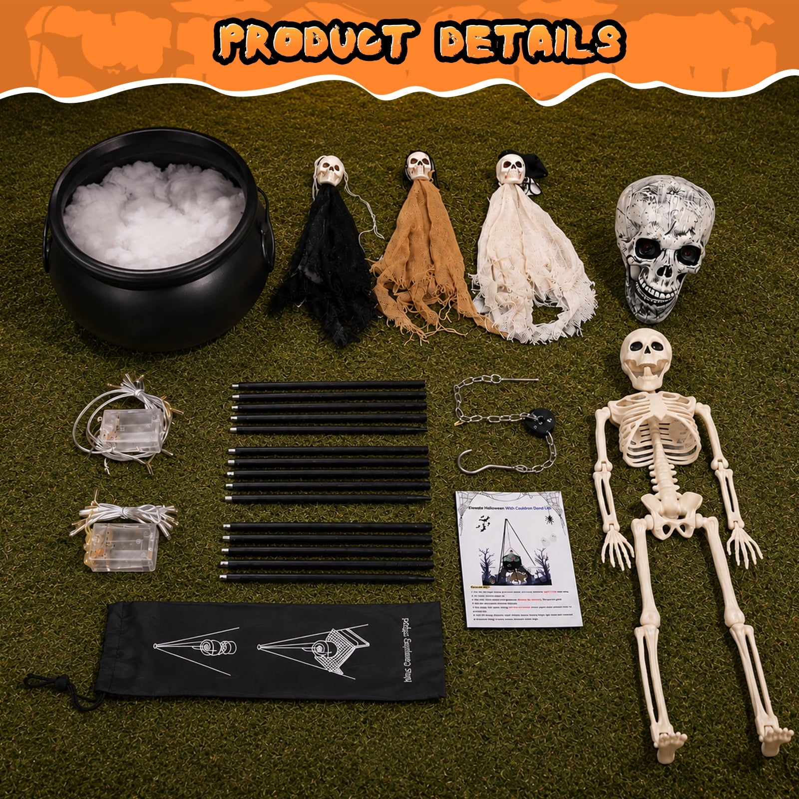 Halloween Decorations Bundle - 78cm/30.7" Witches Cauldron on 54" Tripod with Green LED Lights, 3pcs 40cm Skeleton, 60cm Skeleton, Skull Ornament, 4 Hooks - Indoor Outdoor Yard Porch Party Supplies