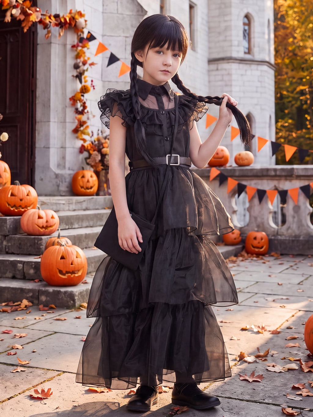 Girls Halloween Costume Fancy Dress with Wig Black for Kids Carnival Party 7-8 Years