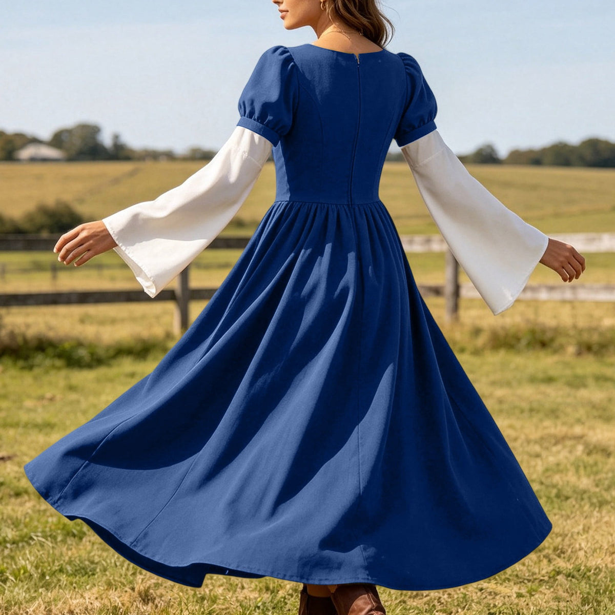 Hurxie Renaissance Costume Women Peasant Medieval Dress Maxi Fairy Dresses with Bell Sleeve Vintage Ren Faire Outfit