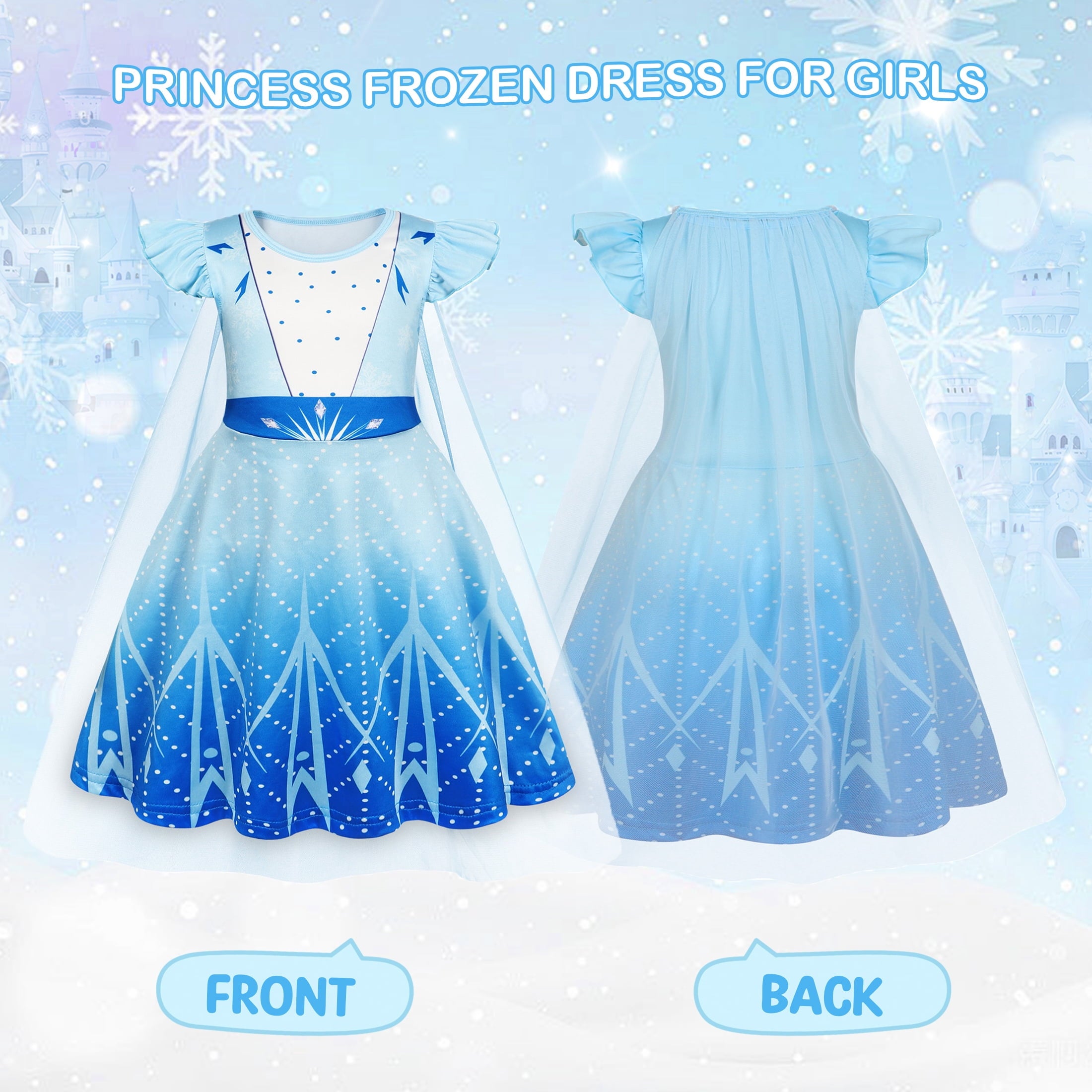 Benylion Girls Ice Princess Dress Halloween Cosplay Costumes With Tulle Cape Kids Birthday Party Dress up Outfit for 7-8 Years