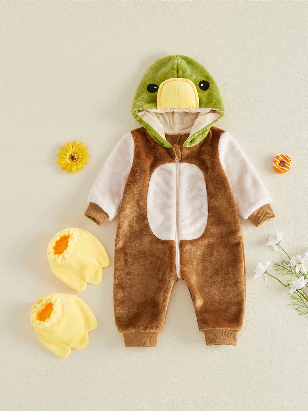 RUINIXCW Toddler Baby Boy Girl Duck Costume Newborn Infant Halloween Animal Costume Warm Fall Winter Plush Jumpsuit Outfit Long Sleeve Hood Zip Up Romper Snowsuit Foot Covers