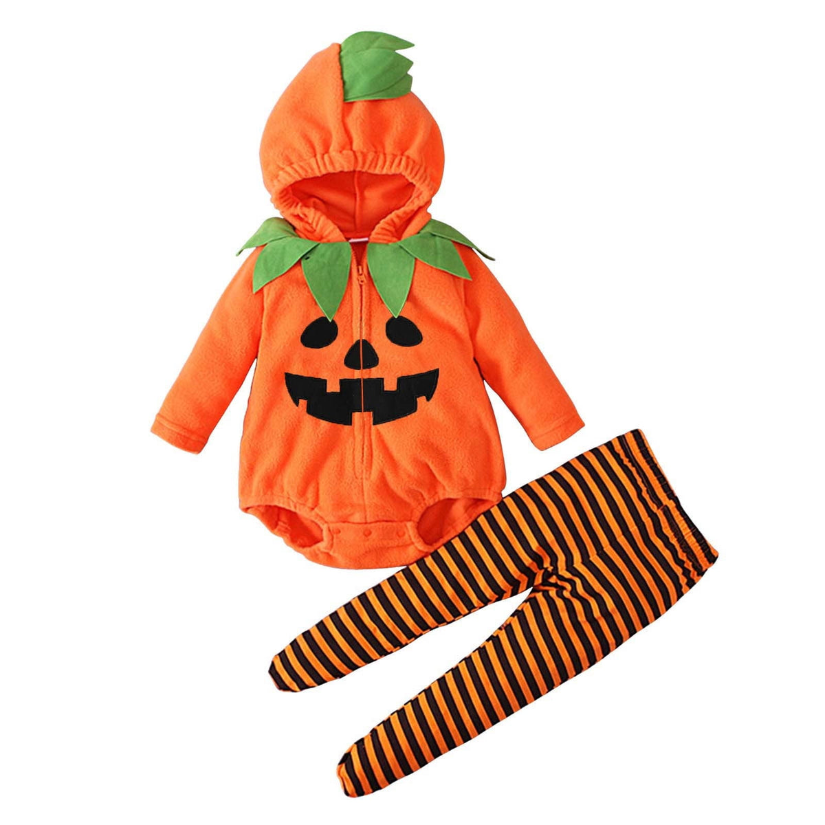 Newborn Infant Cute Jack-O-Lantern Costume Halloween Bodysuit and Striped Leggings Set Fall Holiday Fancy Dress Up Outfit for Boys Girls Party Festival