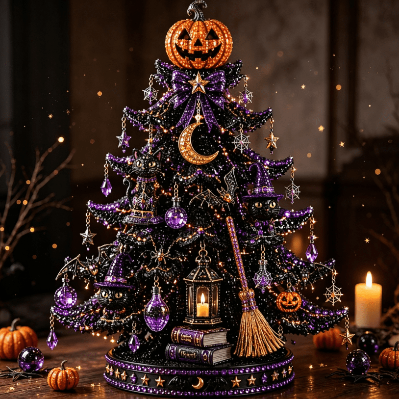 2026 Moonlit Black Cat DIY Halloween Quilted Fabric Tree Kit - Patchwork Fabric Halloween Tabletop Tree, Autumn Mantel Ornament for Adult Rustic Farmhouse Seasonal Display