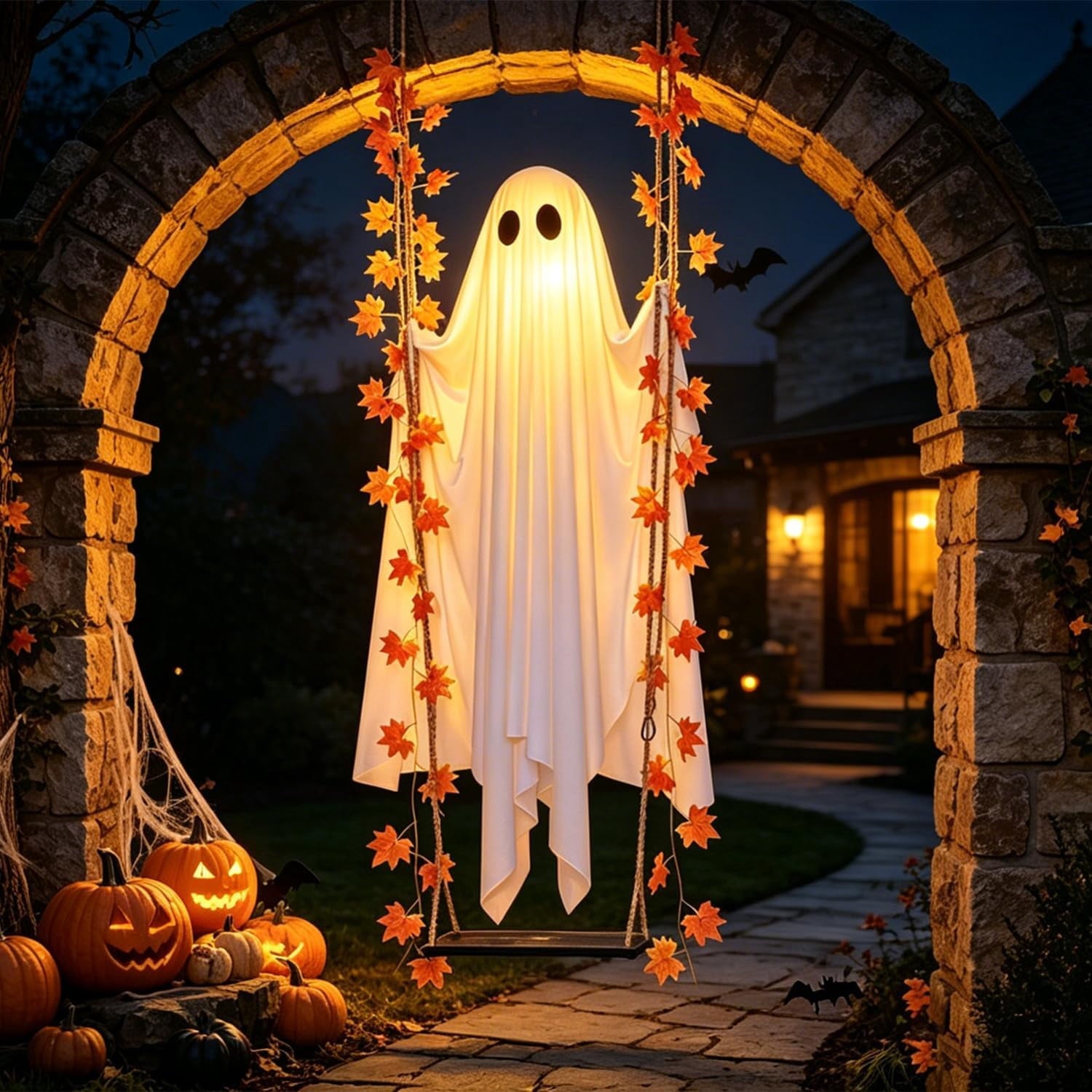 Hanging Swinging Ghost Halloween Decor - Outdoor Halloween Decorations with Ghost on A Swing for Outside Garden Yard Porch Tree, 4.4 FT Large Spooky Cute Ghosts with String Lights for Indoor Party