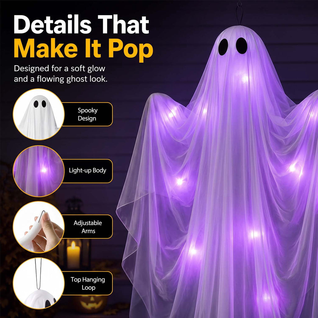 Ayieyill Halloween Ghost Decor with Warm White LED Light, 47” Light up Hanging Ghost Halloween Yard Porch Decorations Outdoor