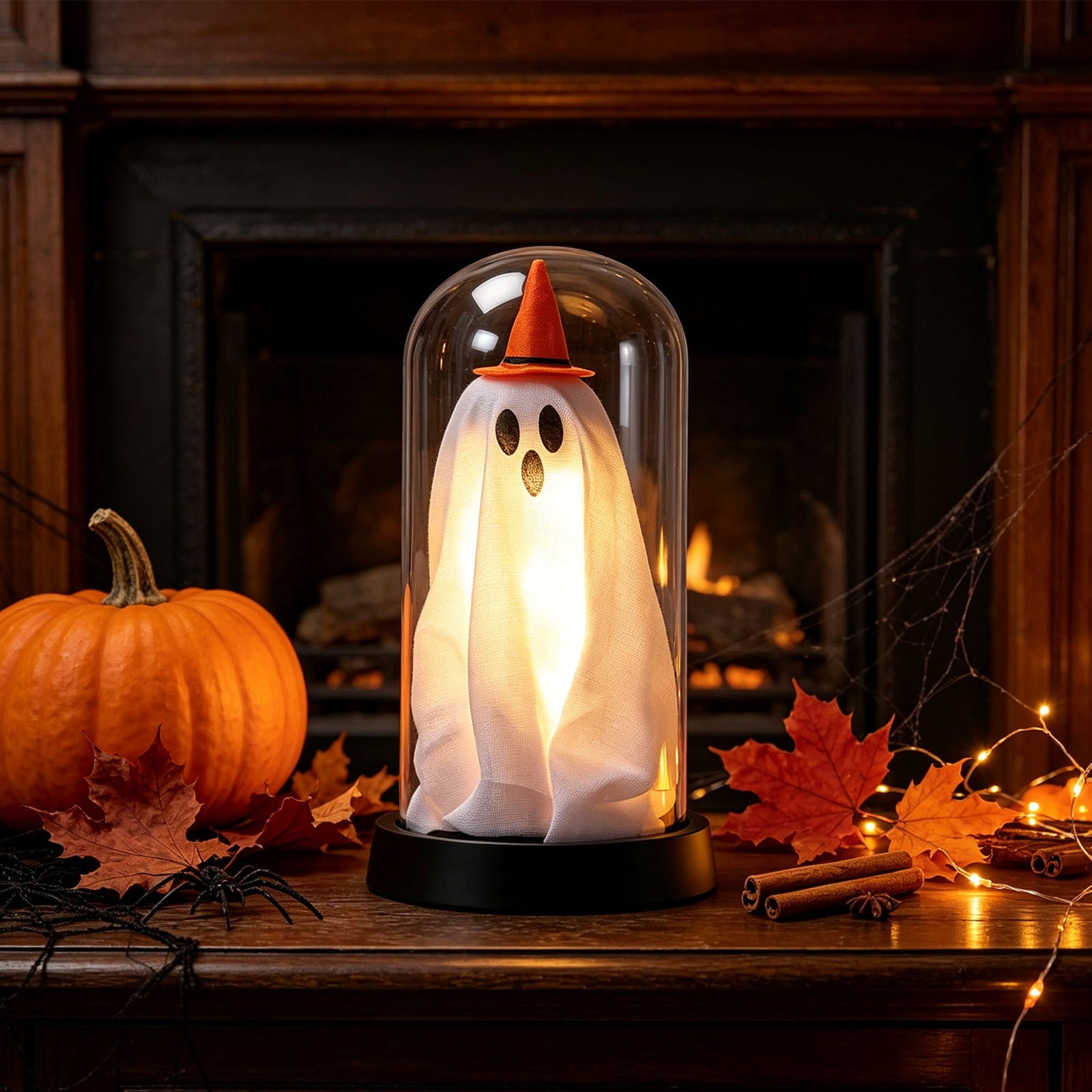 Darzheoy Halloween Decoration Ghost Cloche Lamp, with 3 Mini Figurines, Halloween Ghost Spooky, White Warm Glow, 1 Count