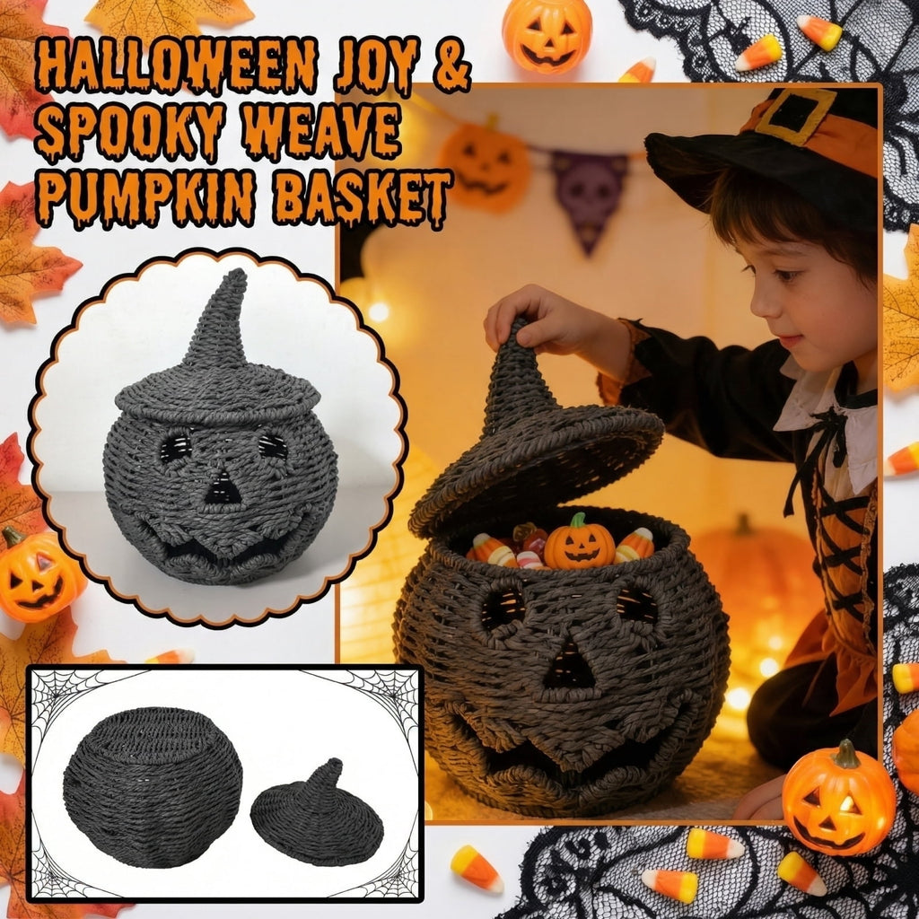 2026 Halloween Black Woven Seagrass Pumpkin Storage Basket with Lid, Fall Indoor Home Decorations for Halloween Party Home Halloween Decor, 10.2 inch