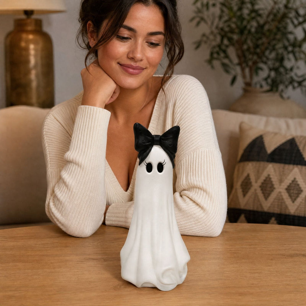 Clearance Halloween Ghost Resin Figurine with Black Cat & Pumpkin Candy Bowl 10“- Cute Spooky Tabletop Decor for Home Mantel, Shelf, and Indoor Fall Display